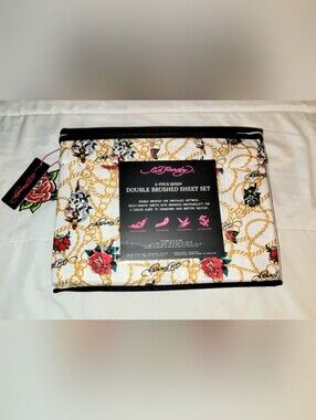 Ed Hardy White Sheet Set with Gold Chain & Red Rose Motif